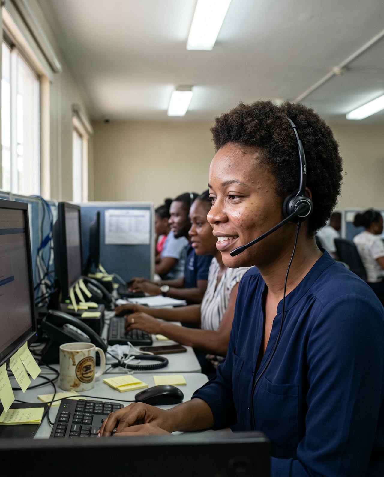 Customer service agent wearing a headset at a call centre in Jamaica